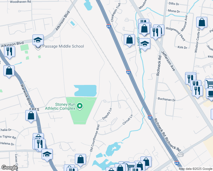 map of restaurants, bars, coffee shops, grocery stores, and more near 366 Deputy Lane in Newport News