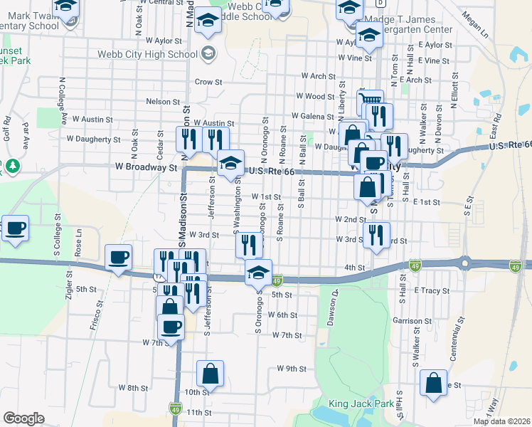 map of restaurants, bars, coffee shops, grocery stores, and more near 123 South Oronogo Street in Webb City