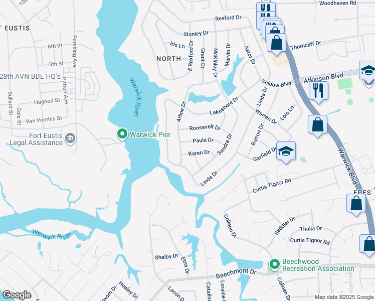 map of restaurants, bars, coffee shops, grocery stores, and more near 16 Karen Drive in Newport News