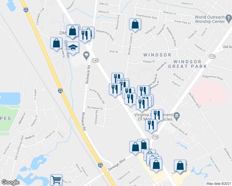 map of restaurants, bars, coffee shops, grocery stores, and more near 12840 Jefferson Avenue in Newport News