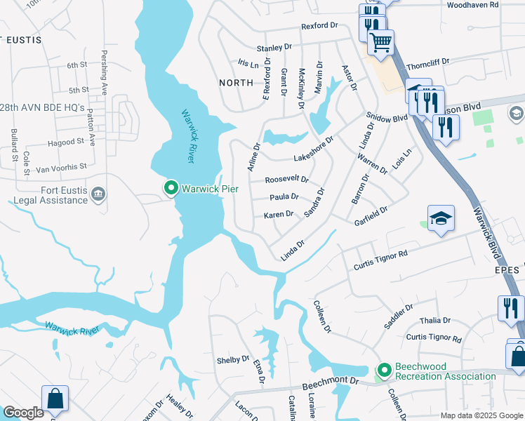 map of restaurants, bars, coffee shops, grocery stores, and more near 16 Karen Drive in Newport News