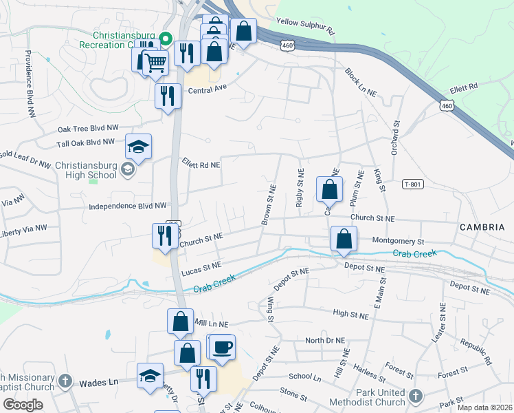 map of restaurants, bars, coffee shops, grocery stores, and more near 335 Perry Street in Christiansburg