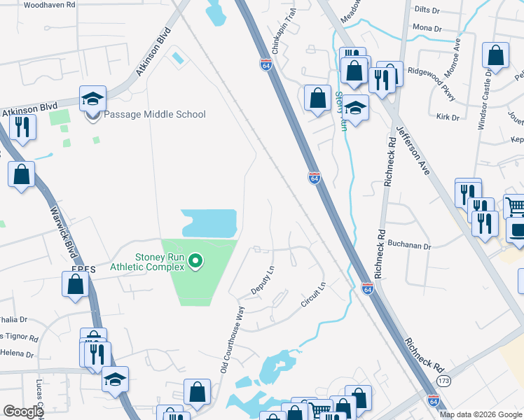 map of restaurants, bars, coffee shops, grocery stores, and more near 364 Deputy Lane in Newport News