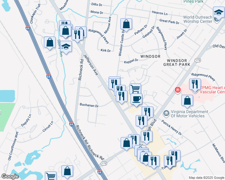 map of restaurants, bars, coffee shops, grocery stores, and more near 147 Windsor Castle Drive in Newport News