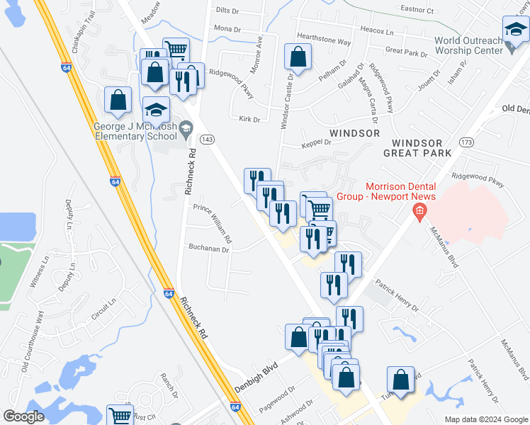 map of restaurants, bars, coffee shops, grocery stores, and more near 147 Windsor Castle Drive in Newport News