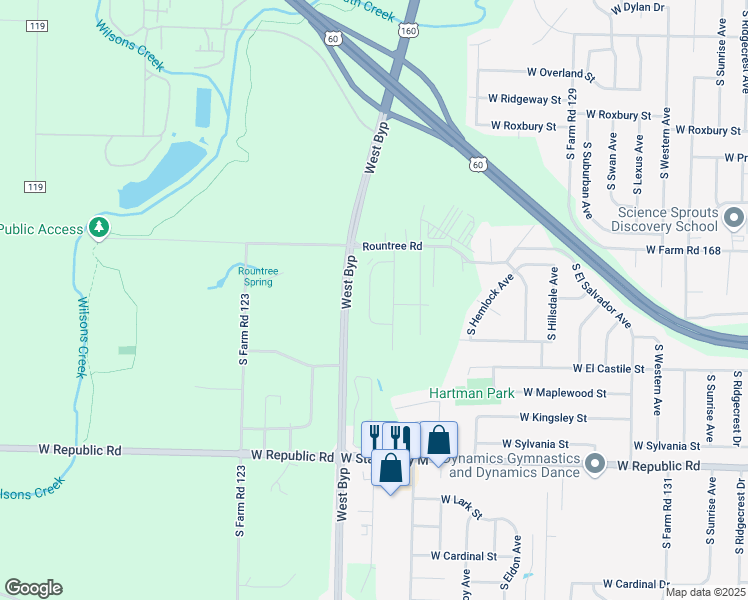 map of restaurants, bars, coffee shops, grocery stores, and more near 3892 South Timbercreek Avenue in Springfield