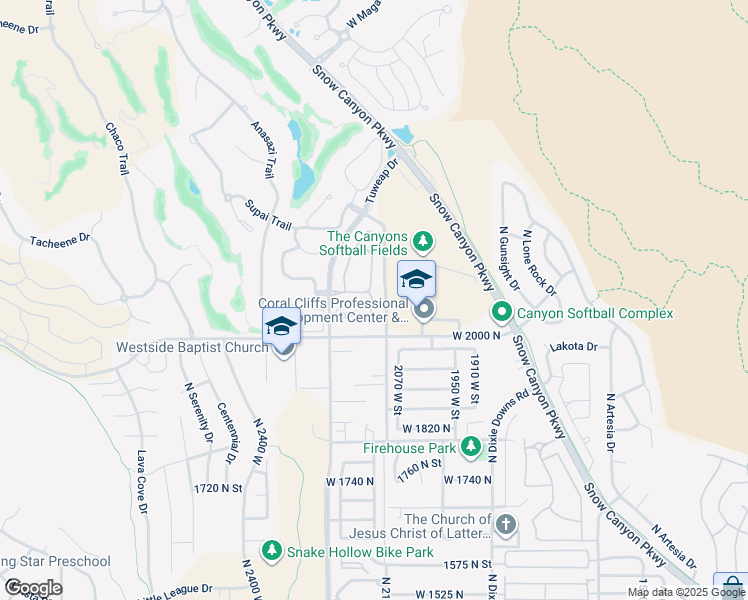 map of restaurants, bars, coffee shops, grocery stores, and more near 2090 Tuweap Drive in St. George