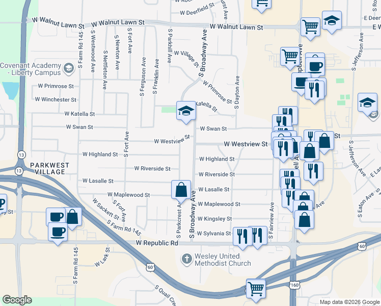map of restaurants, bars, coffee shops, grocery stores, and more near 3830-3842 South Broadway Avenue in Springfield