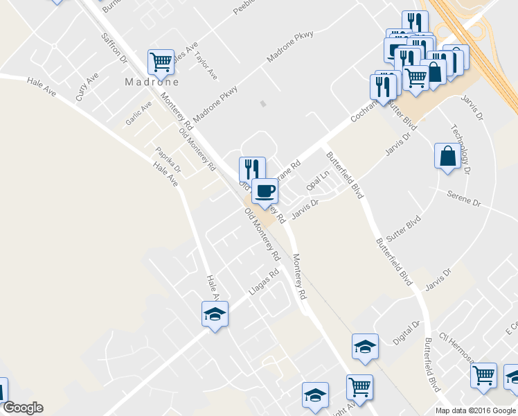 map of restaurants, bars, coffee shops, grocery stores, and more near 18605 Old Monterey Road in Morgan Hill