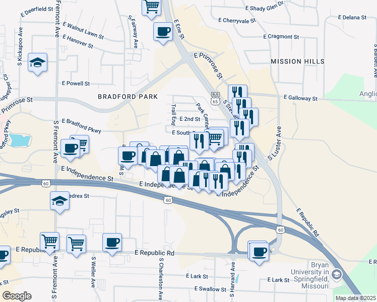 map of restaurants, bars, coffee shops, grocery stores, and more near 1909 East Independence Street in Springfield