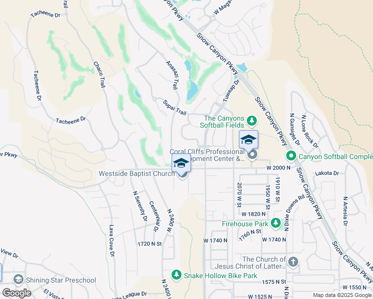 map of restaurants, bars, coffee shops, grocery stores, and more near 2085 Tuweap Drive in St. George