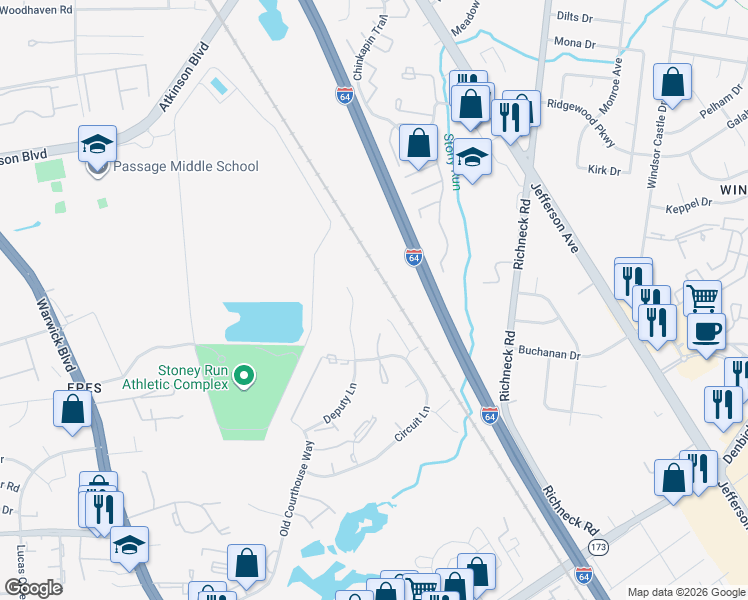 map of restaurants, bars, coffee shops, grocery stores, and more near 365 Deputy Lane in Newport News