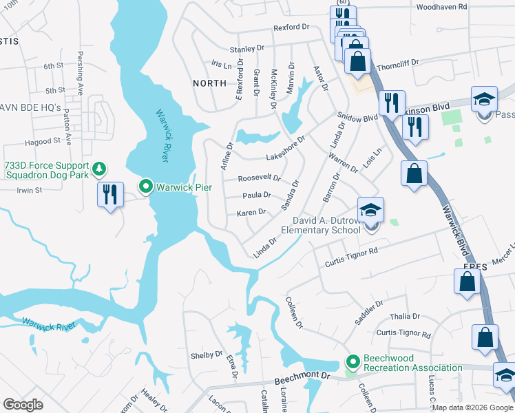 map of restaurants, bars, coffee shops, grocery stores, and more near 5 Paula Drive in Newport News
