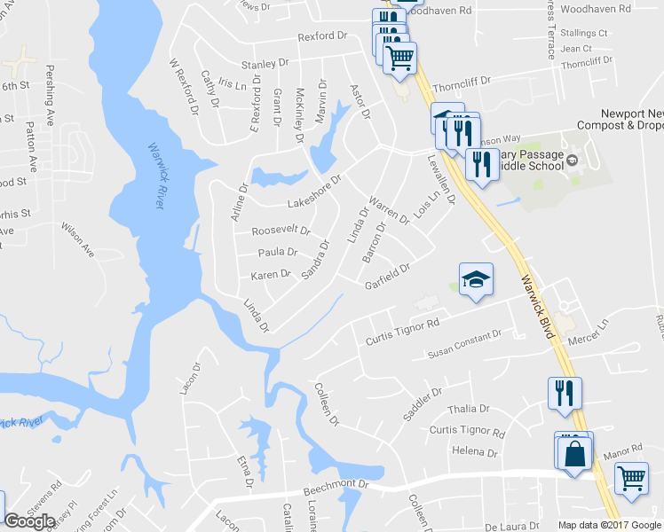 map of restaurants, bars, coffee shops, grocery stores, and more near 44 Linda Drive in Newport News