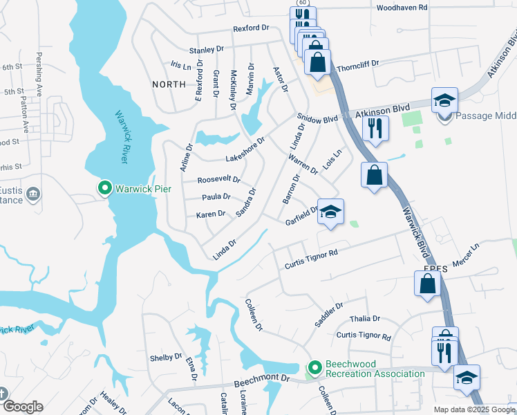 map of restaurants, bars, coffee shops, grocery stores, and more near 44 Linda Drive in Newport News