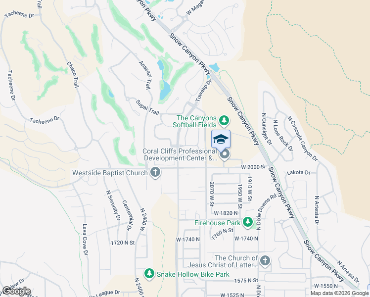 map of restaurants, bars, coffee shops, grocery stores, and more near 2090 Tuweap Drive in St. George