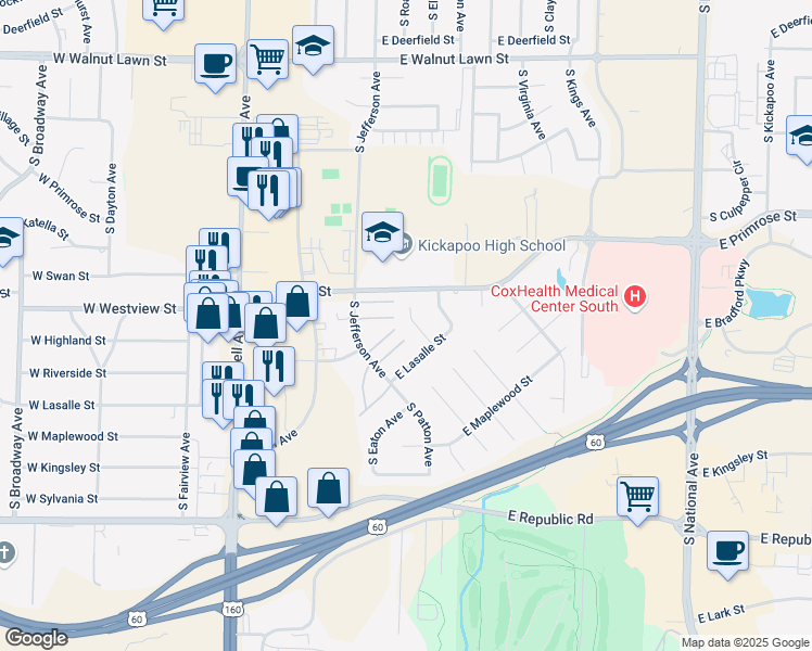 map of restaurants, bars, coffee shops, grocery stores, and more near 3815 South Queens Court in Springfield