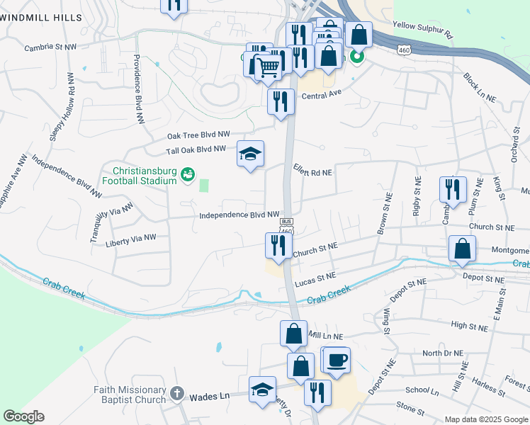 map of restaurants, bars, coffee shops, grocery stores, and more near 100 Independence Boulevard Northwest in Christiansburg