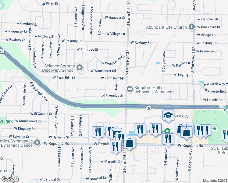 map of restaurants, bars, coffee shops, grocery stores, and more near 3855 Geri in Springfield