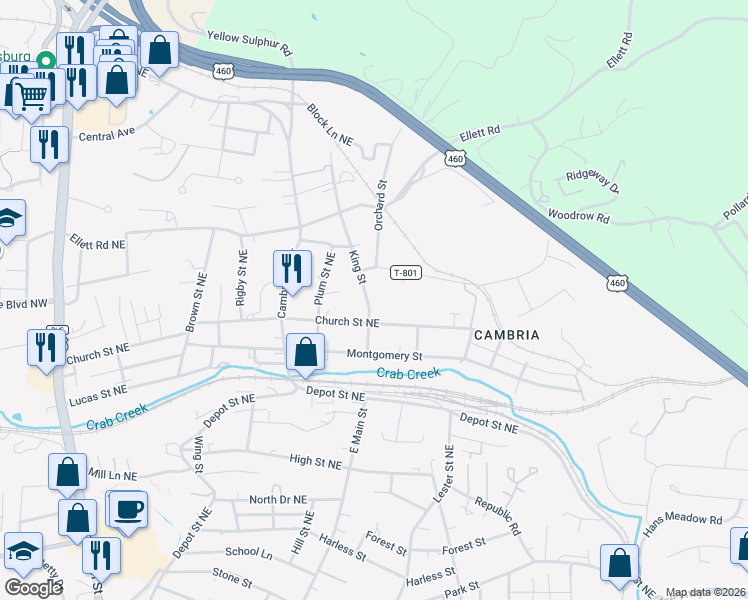 map of restaurants, bars, coffee shops, grocery stores, and more near 1140 King Street in Christiansburg