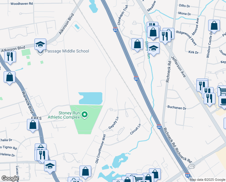 map of restaurants, bars, coffee shops, grocery stores, and more near 364 Deputy Lane in Newport News