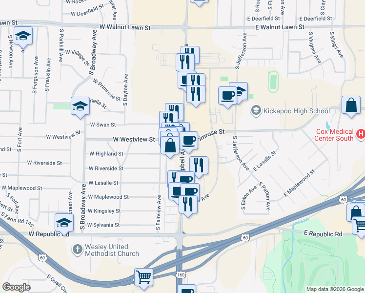 map of restaurants, bars, coffee shops, grocery stores, and more near 3823 South Campbell Avenue in Springfield