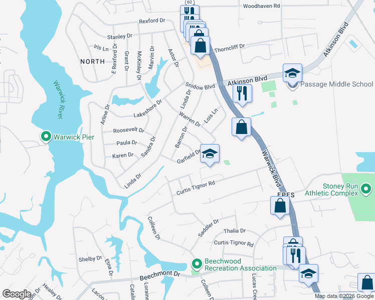 map of restaurants, bars, coffee shops, grocery stores, and more near 8 Brackin Ln in Newport News