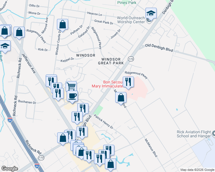 map of restaurants, bars, coffee shops, grocery stores, and more near 708 Balthrope Road in Newport News