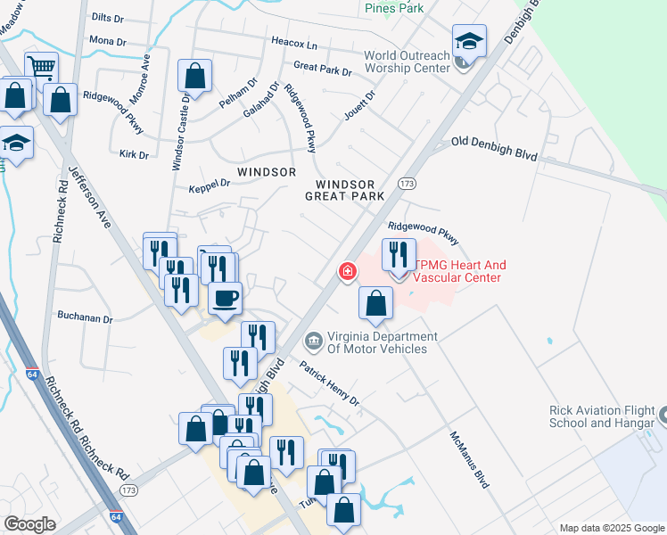 map of restaurants, bars, coffee shops, grocery stores, and more near 706 Balthrope Road in Newport News
