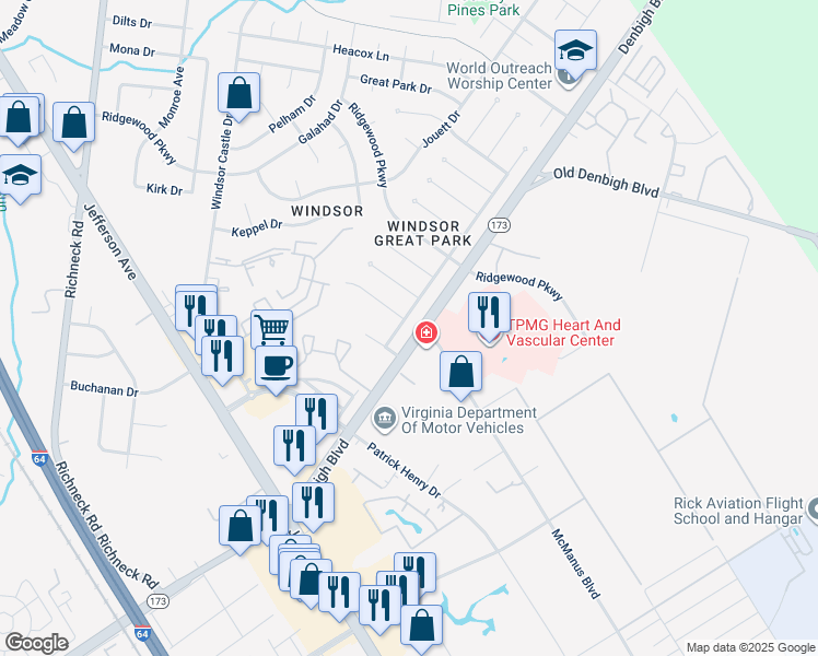 map of restaurants, bars, coffee shops, grocery stores, and more near 706 Balthrope Road in Newport News