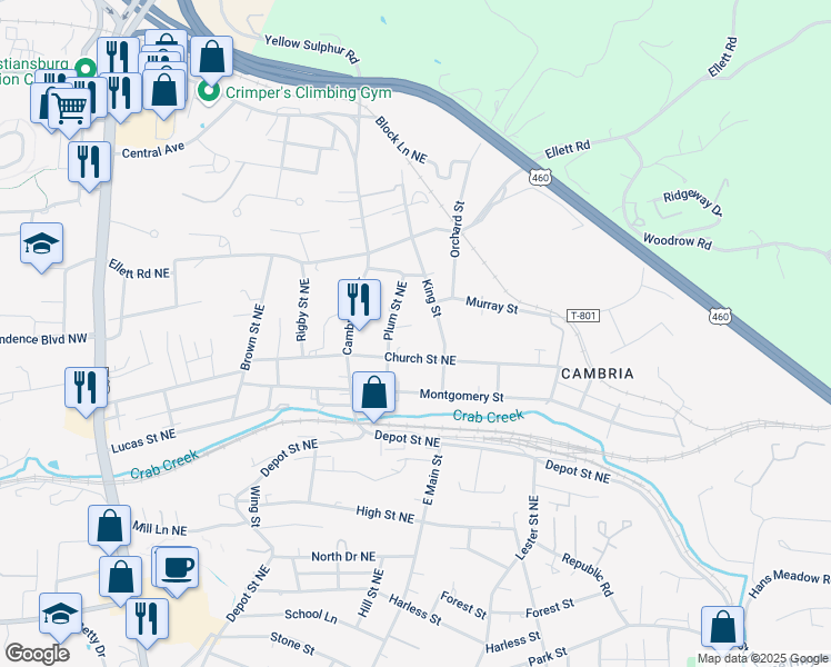 map of restaurants, bars, coffee shops, grocery stores, and more near 750 Trent Street in Christiansburg