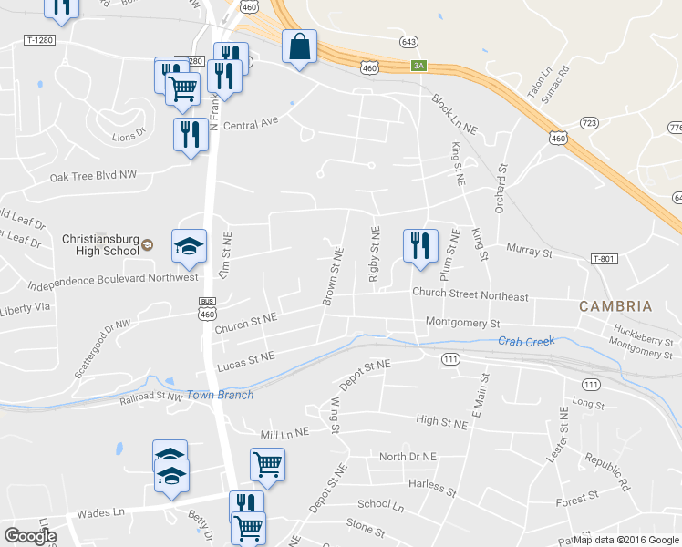 map of restaurants, bars, coffee shops, grocery stores, and more near 1188-1276 Brown St NE in Christiansburg