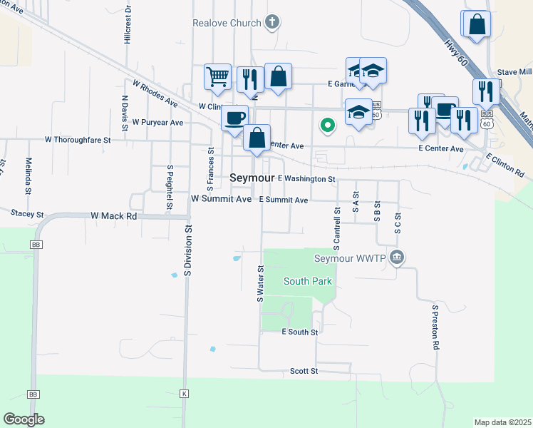 map of restaurants, bars, coffee shops, grocery stores, and more near 116-150 East Summit Avenue in Seymour