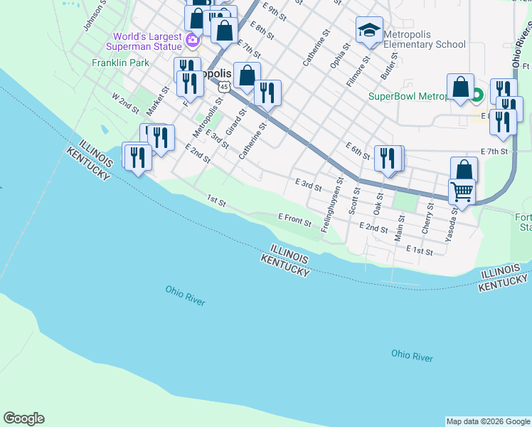 map of restaurants, bars, coffee shops, grocery stores, and more near 101 East Front Street in Metropolis