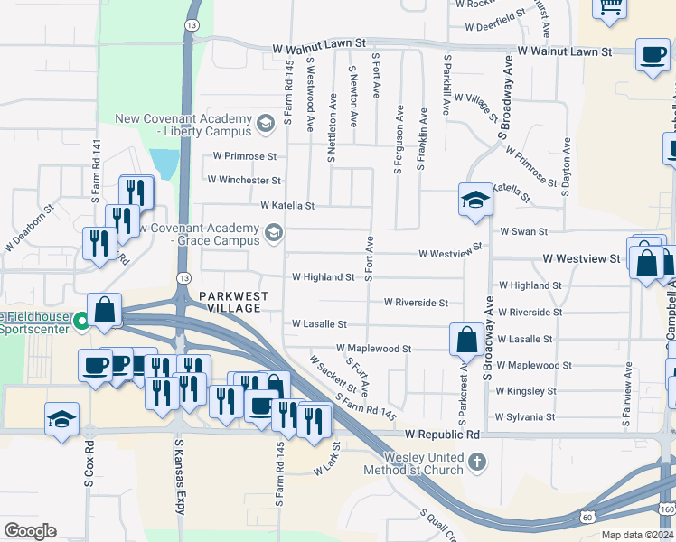 map of restaurants, bars, coffee shops, grocery stores, and more near 1411 West Highland Street in Springfield