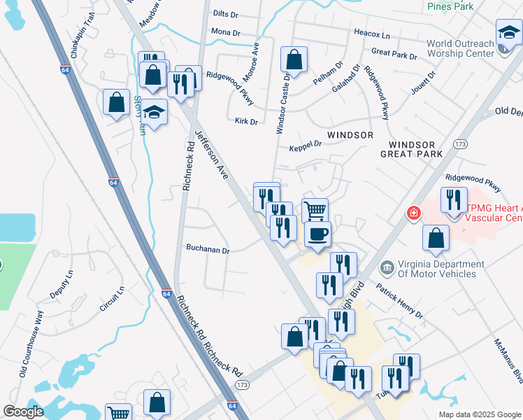 map of restaurants, bars, coffee shops, grocery stores, and more near 147 Windsor Castle Drive in Newport News