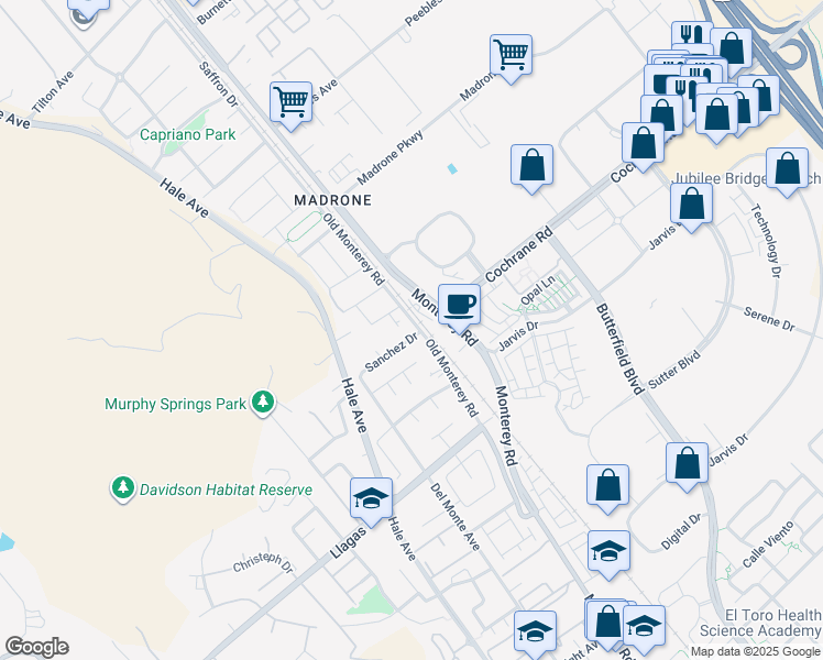 map of restaurants, bars, coffee shops, grocery stores, and more near 105 Sanchez Drive in Morgan Hill