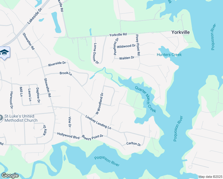 map of restaurants, bars, coffee shops, grocery stores, and more near 613 East Woodland Drive in Yorktown