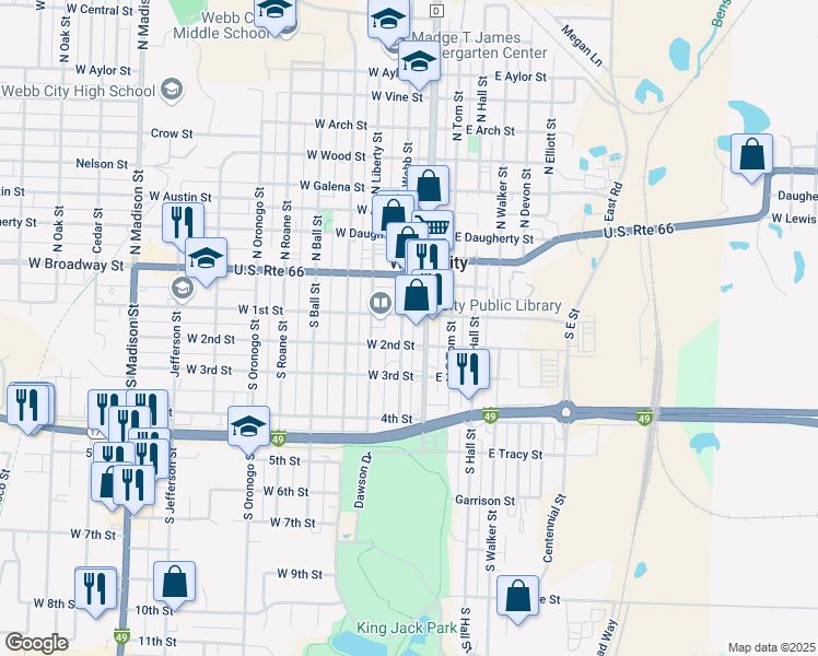 map of restaurants, bars, coffee shops, grocery stores, and more near 110 West 1st Street in Webb City