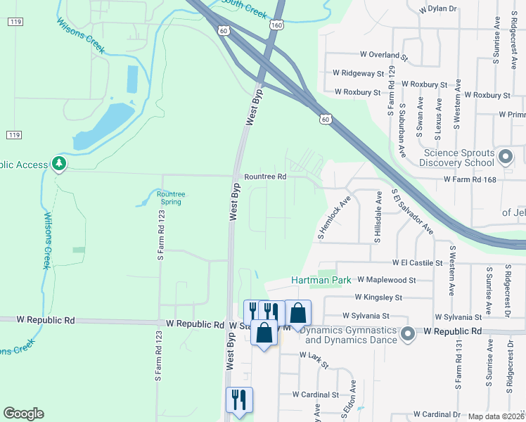 map of restaurants, bars, coffee shops, grocery stores, and more near 3887 South Jonathan Avenue in Springfield