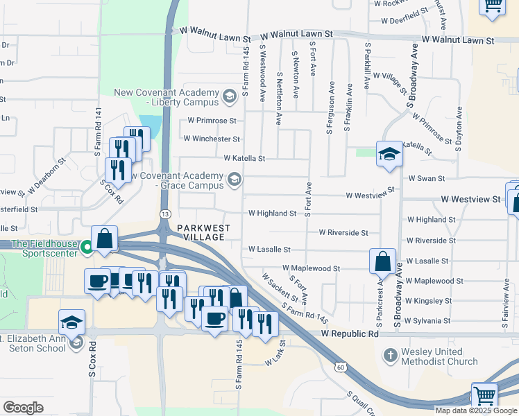 map of restaurants, bars, coffee shops, grocery stores, and more near 1505 West Highland Street in Springfield