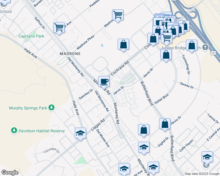 map of restaurants, bars, coffee shops, grocery stores, and more near 18510 Monterey Road in Morgan Hill