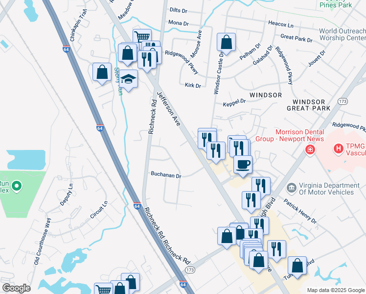 map of restaurants, bars, coffee shops, grocery stores, and more near 11 Hanover Way in Newport News