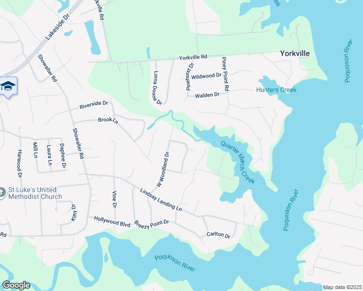 map of restaurants, bars, coffee shops, grocery stores, and more near 613 East Woodland Drive in Yorktown