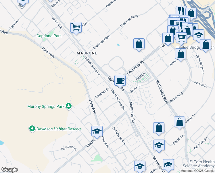 map of restaurants, bars, coffee shops, grocery stores, and more near 105 Sanchez Drive in Morgan Hill