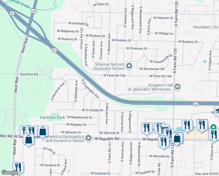 map of restaurants, bars, coffee shops, grocery stores, and more near 3852 South Western Court in Springfield