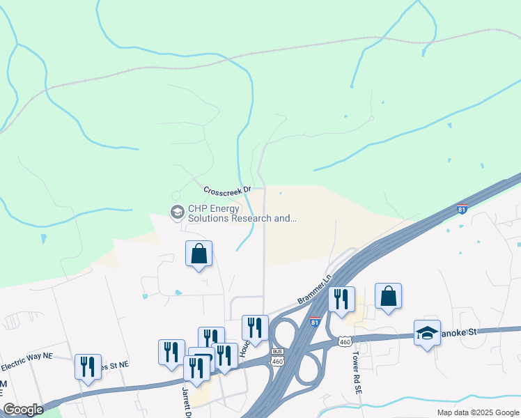 map of restaurants, bars, coffee shops, grocery stores, and more near 481 Houchins Road in Christiansburg