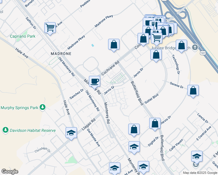 map of restaurants, bars, coffee shops, grocery stores, and more near 149 Jarvis Drive in Morgan Hill