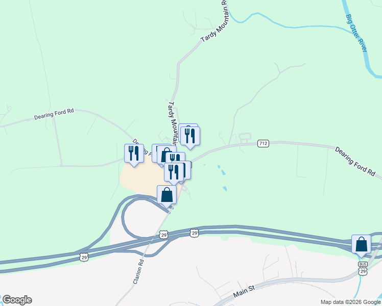 map of restaurants, bars, coffee shops, grocery stores, and more near 2664 Dearing Ford Road in Altavista