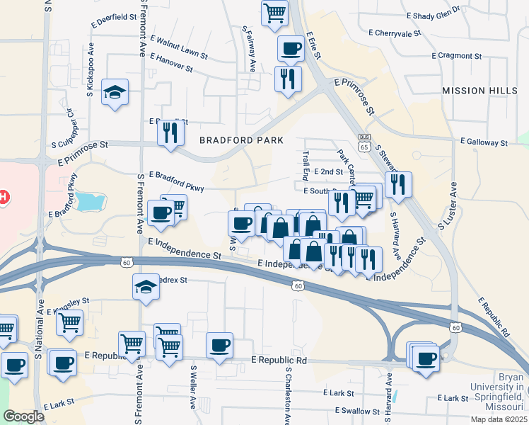 map of restaurants, bars, coffee shops, grocery stores, and more near 3810 South Weller Avenue in Springfield